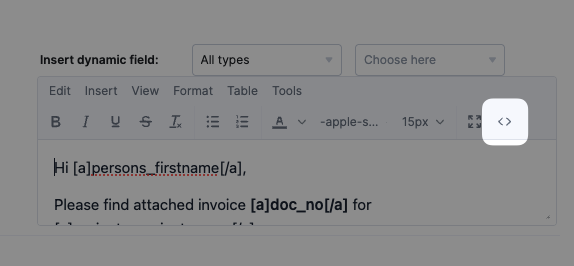 The Source code button at the top-right of the Scoro e-mail editor toolbar